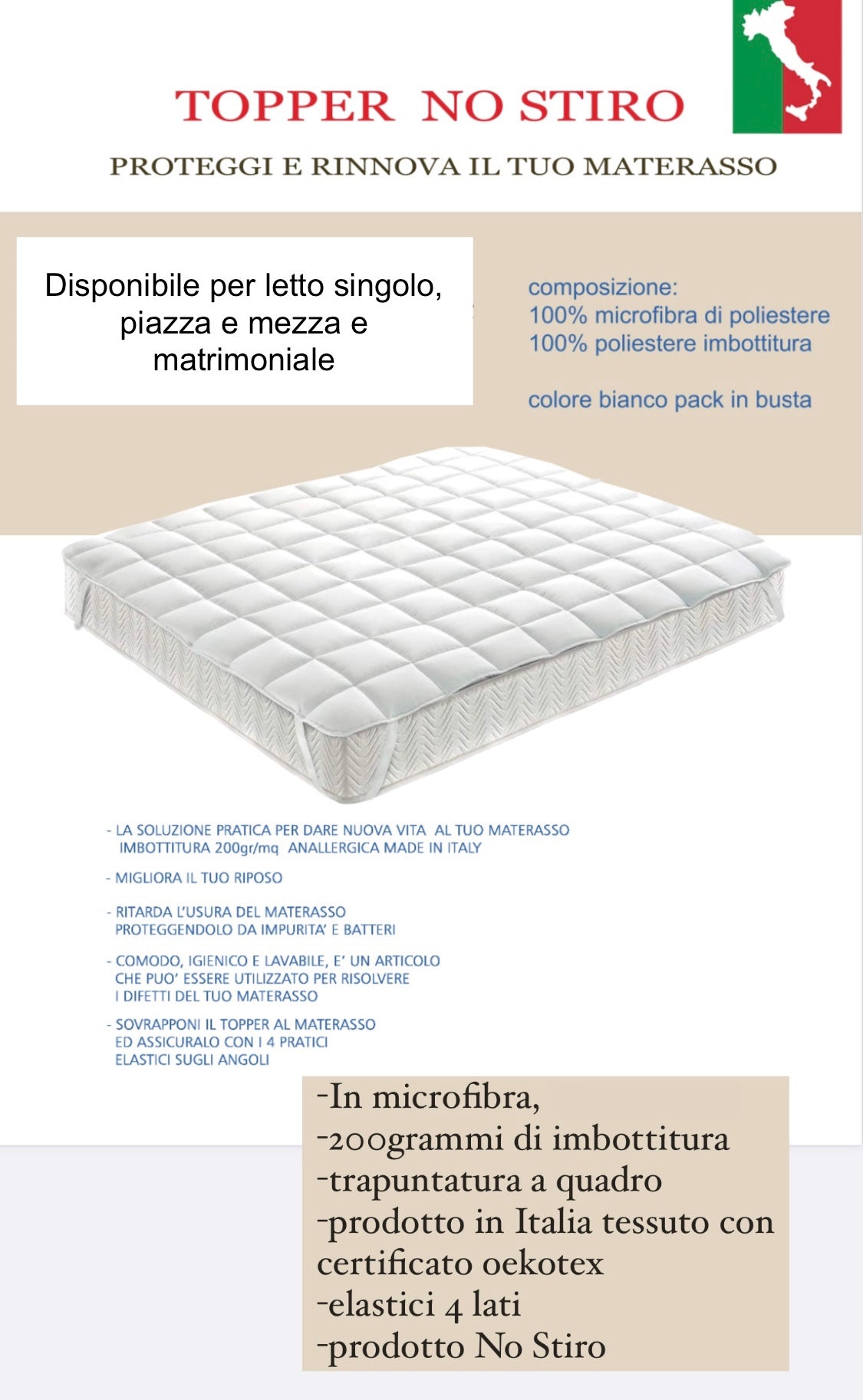Coprimaterasso Matrimoniale 160x190 cm, Tessuto Microfibra - Made in  Italy!!! 